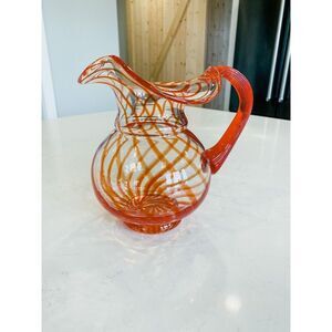 Vintage Red Swirl Ruffled Brim Hand Blown Glass Pitcher, 7" Tall